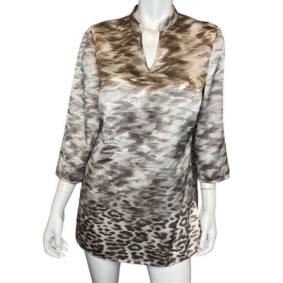 CHICOS Travelers Size 1 US M Dressy Silky Geometric Pattern Tunic Top Taupe‎ - Picture 1 of 6
